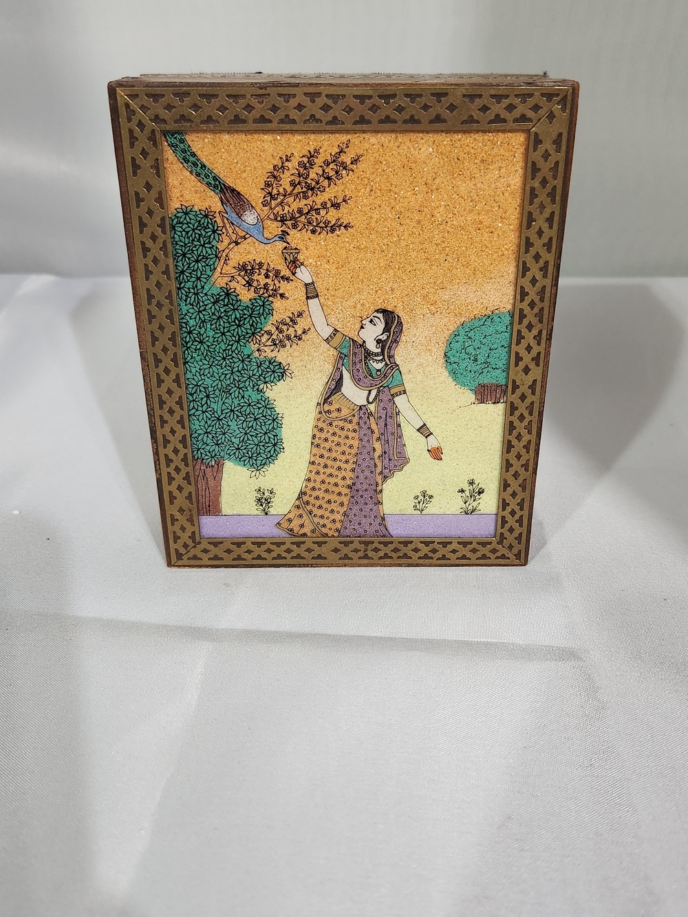 Hand-Painted Indian Decorative Box with Woman and Bird - Multi-Color